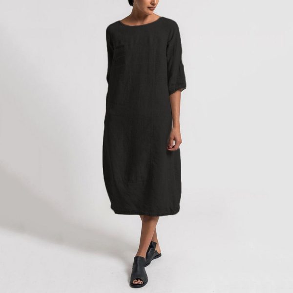 Women Dress Linen Maxi Dress Straight Half Sleeve Dress Long Max Skirt Solid Color Ladies SZ137 - Black
