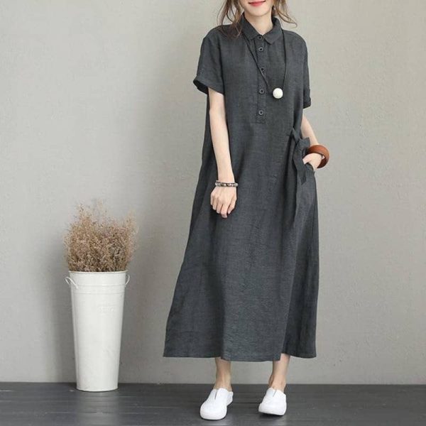 Women Dress Cotton Linen Dresses Solid Color Lapel Short Sleeve Loose Pocket Women's Casual Dress SZ303 - Dark Gray