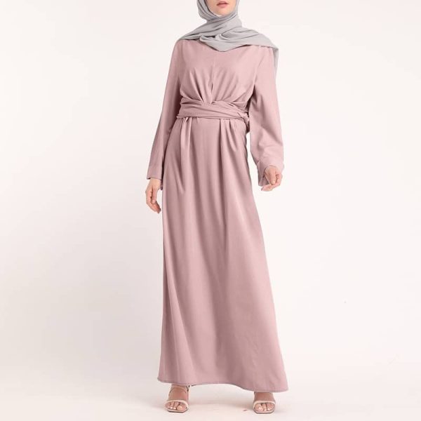 Women Long Sleeve Irregular Belted Swing Muslim Long Dress SZ220 - Pink