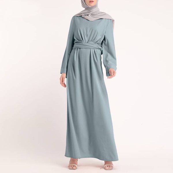 Women Long Sleeve Irregular Belted Swing Muslim Long Dress SZ220 - Blue