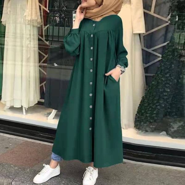 Women Lantern Sleeve Buttons Muslim Loose Casual Maxi Dress SZ219 - Dark Green