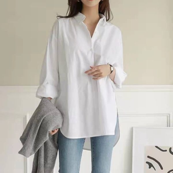 Women Shirts Blouse Casual Long Sleeve Loose Split Hem Plus Size Blouse SZ265 - White