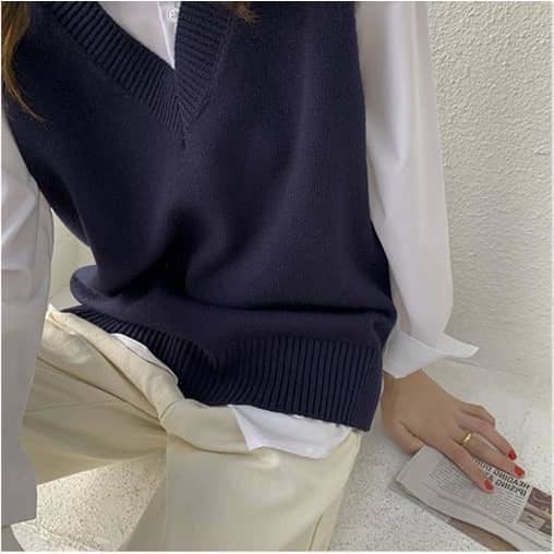 Women Knit Vest Knitted Vest Sleeveless Knitwear Soft Comfy Vest Sweater High Quality SZ211 - Navy Blue