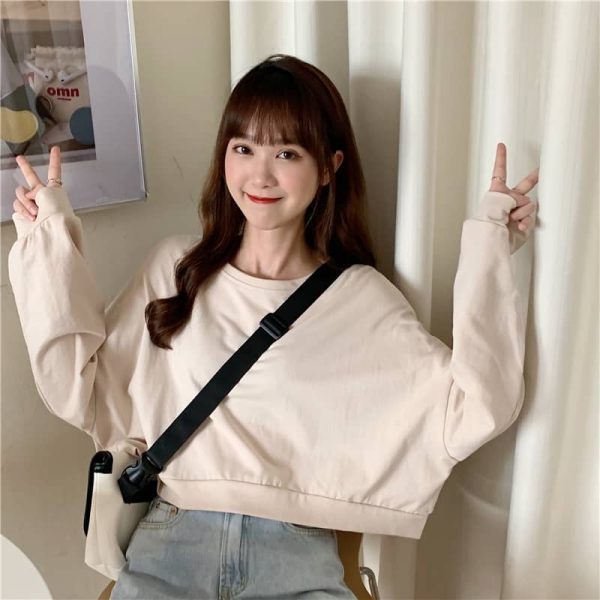 Loose Thin Sweater Women Casual Short Round Neck Long Sleeve Sweatershirt Ladies Tops SZ191 - Apricot