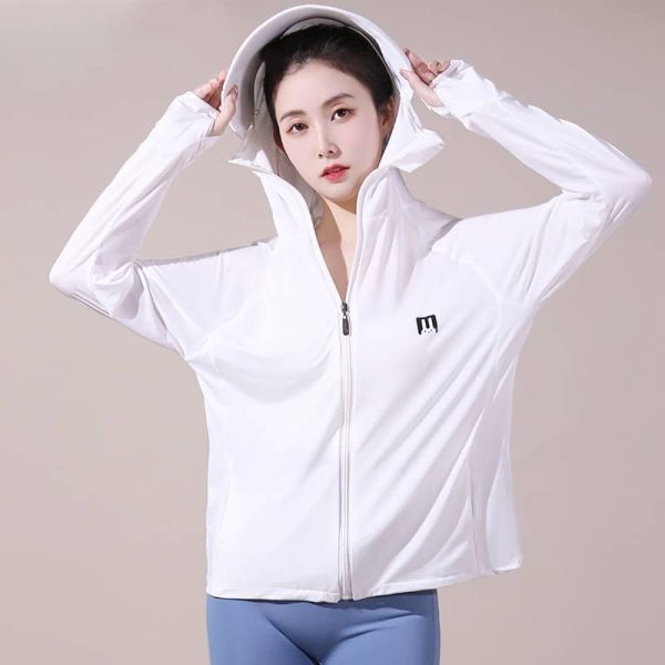Women Running Jacket Hoodie Sports Zipper Fitness Gym Tops Long Sleeves Sportswear Stretch Anti-UV Hooded SZ277 - White