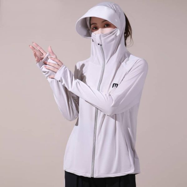 Women Running Jacket Hoodie Sports Zipper Fitness Gym Tops Long Sleeves Sportswear Stretch Anti-UV Hooded SZ277 - Gray