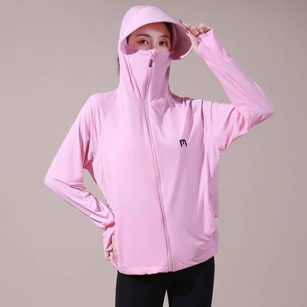 Women Running Jacket Hoodie Sports Zipper Fitness Gym Tops Long Sleeves Sportswear Stretch Anti-UV Hooded SZ277 - Pink