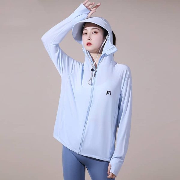 Women Running Jacket Hoodie Sports Zipper Fitness Gym Tops Long Sleeves Sportswear Stretch Anti-UV Hooded SZ277 - Blue