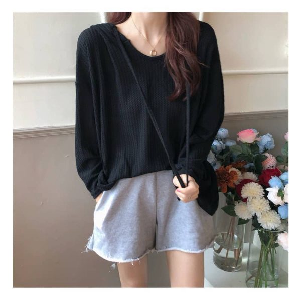 Korean Style Loose Harajuku Style Thin Hooded Pullover Sweater Women Long Sleeve Sweatshirt SZ193 - Black