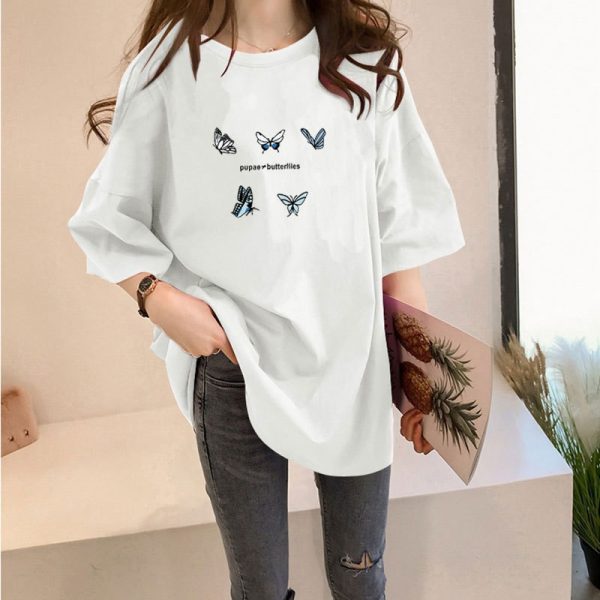 Women T Shirt Figure Butterfly Printing Loose Short Sleeve T-Shirt Women Blouse SZ130 - White