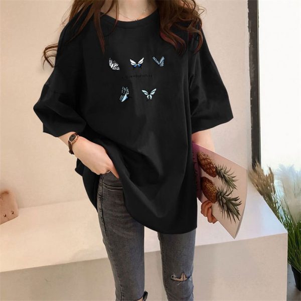 Women T Shirt Figure Butterfly Printing Loose Short Sleeve T-Shirt Women Blouse SZ130 - Black