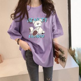 Korean Summer Large Size Cartoon Prints Short Sleeved T Shirt Tops SZ198 SZ199 - Bear Purple