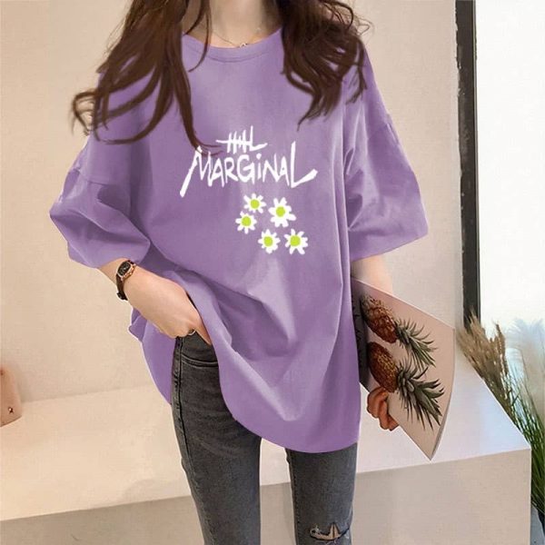 Korean Summer Large Size Cartoon Prints Short Sleeved T Shirt Tops SZ198 SZ199 - Flower Purple