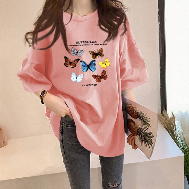 Korean Summer Large Size Cartoon Prints Short Sleeved T Shirt Tops SZ198 SZ199 - Butterfly Pink - Image 1