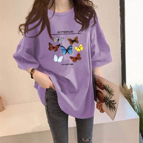 Korean Summer Large Size Cartoon Prints Short Sleeved T Shirt Tops SZ198 SZ199 - Butterfly Purple
