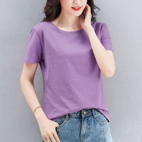 Women T-shirt Short-sleeved Crew neck T-shirt female summer new slim cotton t-shirt wild bottoming shirt SZ024 - Purple