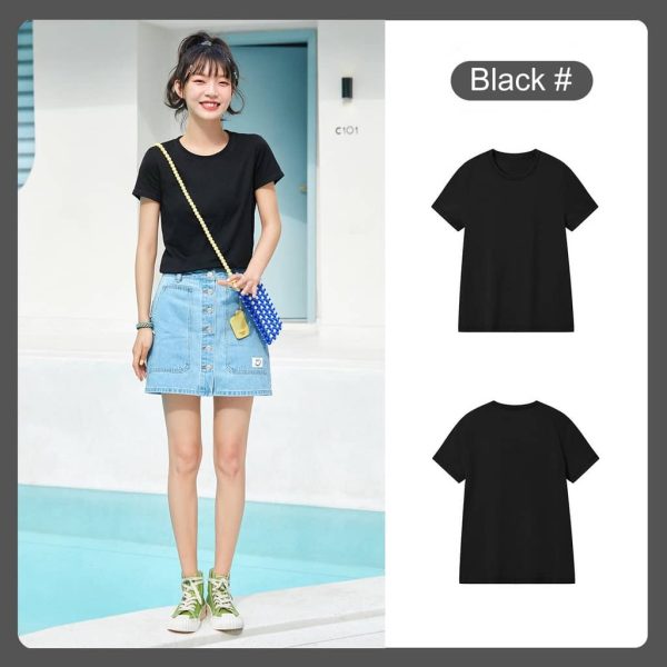 Women T-shirt Short-sleeved Crew neck T-shirt female summer new slim cotton t-shirt wild bottoming shirt SZ024 - Black