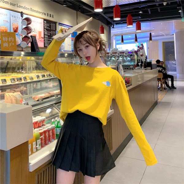 Cute Weather Pattern Loose Korean Student T Shirt Women Shirt Couples Wear Long Sleeve Blouse SZ114 - Yellow