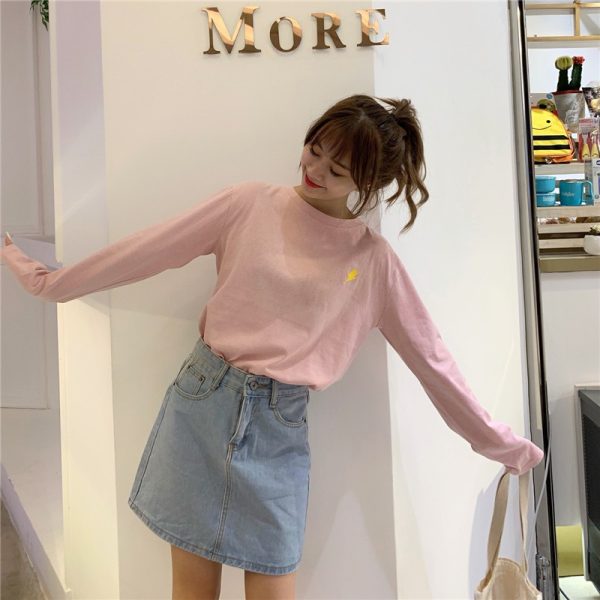 Cute Weather Pattern Loose Korean Student T Shirt Women Shirt Couples Wear Long Sleeve Blouse SZ114 - Pink