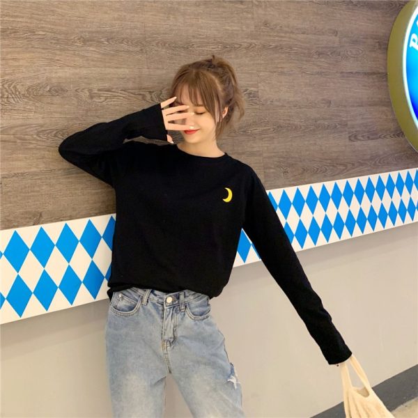 Cute Weather Pattern Loose Korean Student T Shirt Women Shirt Couples Wear Long Sleeve Blouse SZ114 - Black