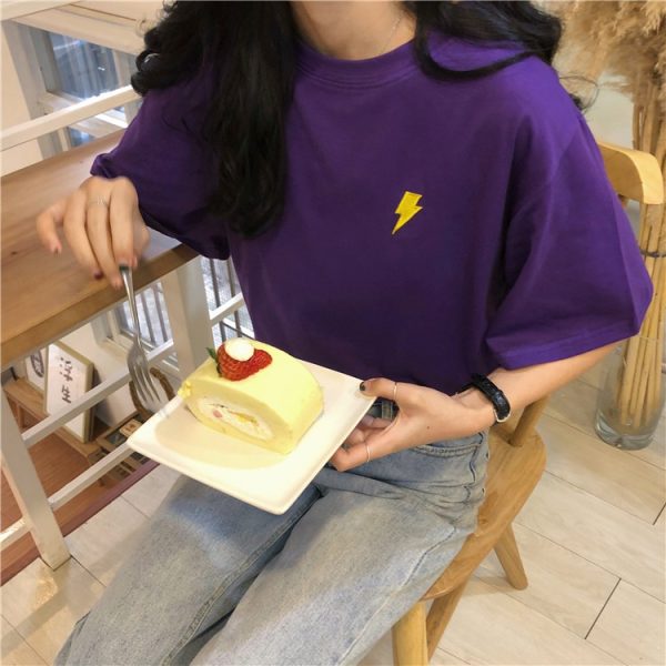 Cute Weather Pattern Loose Korean Student Short Sleeve T Shirt Women Shirt Couples Wear SZ114 - Purple