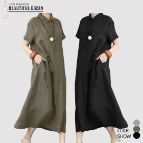 Women Dress Cotton Linen Dresses Solid Color Lapel Short Sleeve Loose Pocket Women's Casual Dress SZ303 - Green - Image 5