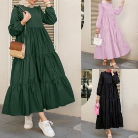 Women Long Sleeve Ruffled Casual Tiered Layered Muslim Long Dress Maxi Dress SZ143 - Green - Image 3