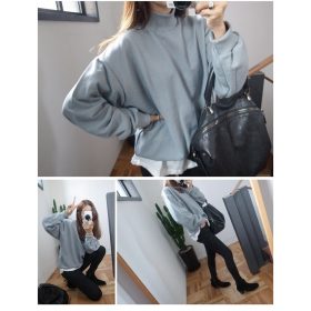 Women's Casual Hoodie Plain Long Sleeve Pullover Sweater Loose Tops SZ098 - Blue - Image 4