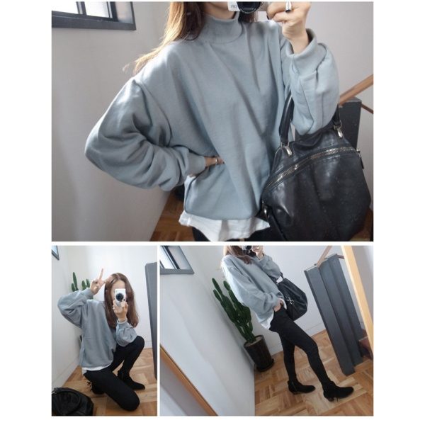 Women's Casual Hoodie Plain Long Sleeve Pullover Sweater Loose Tops SZ098 - Blue