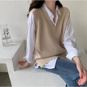 Women Knit Vest Knitted Vest Sleeveless Knitwear Soft Comfy Vest Sweater High Quality SZ211 - Khaki - Image 3