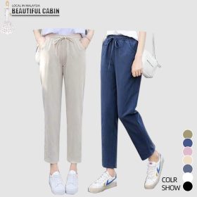 Women Linen Pants Casual Harem Pants Loose Nine Point Thin Feet Pants Elastic Waist SZ228 - Gray Blue - Image 3