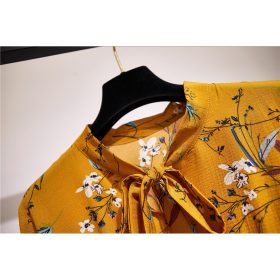 SZ008 Spring Autumn Women's Chiffon Dresses Floral Printing Long Sleeve Elegant Dress - Yellow (Flower 2) - Image 3