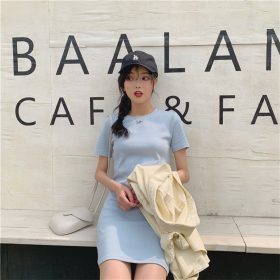 Summer Mid-Long Short Sleeve T-shirt Dress Woman Tops Short Sleeve Candy Color SZ083 - Blue - Image 2
