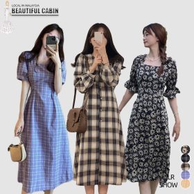 Women Dress Floral Dress Women French Long Sleeve Dresses Short Sleeve V Neck Dress Maxi Dress Grid Dress SZ302 305 306 - Blue - Image 4