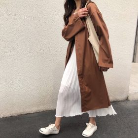 Loose Lapel Lace-up Waist Long Windbreaker Jacket Women Outwear SZ123 - Khaki - Image 4