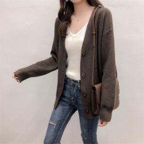 Korean Knitted Cardigan New Casual Loose Long sleeve Sweater Women Outerwear SZ262 - Coffee - Image 3