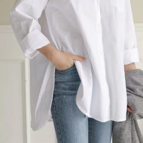 Women Shirts Blouse Casual Long Sleeve Loose Split Hem Plus Size Blouse SZ265 - White - Image 3