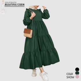 Women Long Sleeve Ruffled Casual Tiered Layered Muslim Long Dress Maxi Dress SZ143 - Green - Image 4