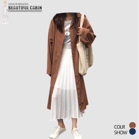 Loose Lapel Lace-up Waist Long Windbreaker Jacket Women Outwear SZ123 - Khaki - Image 7