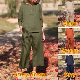 Women Casual Side Pockets Vintage 3/4 Sleeve Elastic Waist Wide Leg Sets Linen Sets SZ281 - Green - Image 5