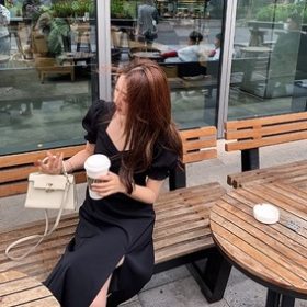 New Arrival Summer Plus Size Slim Black Dress Women Temperament Waist Split French Black A Line Skirt SZ188 SZ206 - V Neck - Image 5