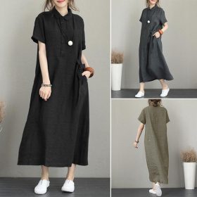 Women Dress Cotton Linen Dresses Solid Color Lapel Short Sleeve Loose Pocket Women's Casual Dress SZ303 - Green - Image 4