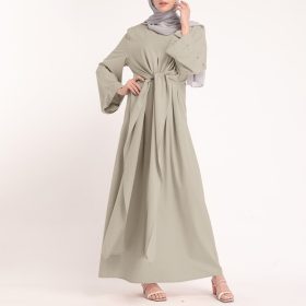 Women Long Sleeve Irregular Belted Swing Muslim Long Dress SZ220 - Apricot - Image 3