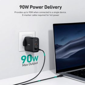 AUKEY PA-B6S Omnia 90W 3-Port MacBook Pro Charger with GaNTech PD Charger USB C Fast Charger Laptop Charger QC 4.0+ PPS - Black - Image 6