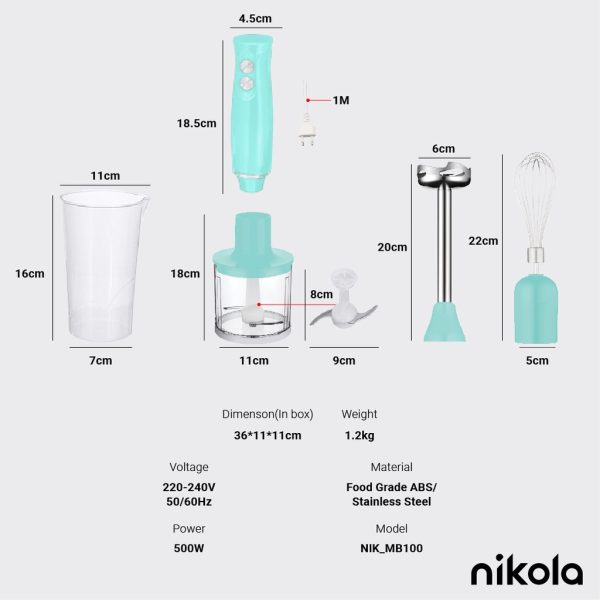 NIKOLA 4-in-1 Multi-Functional Blender (MB100) 2 Speed Mode, 500W - Blue