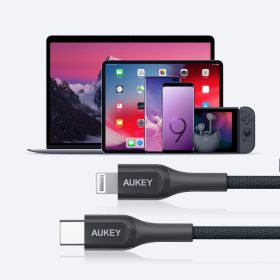 AUKEY CB-AKL3 MFI 60W Fast Charge USB C To Lightning Kevlar Cable (1.2m) - Black - Image 8