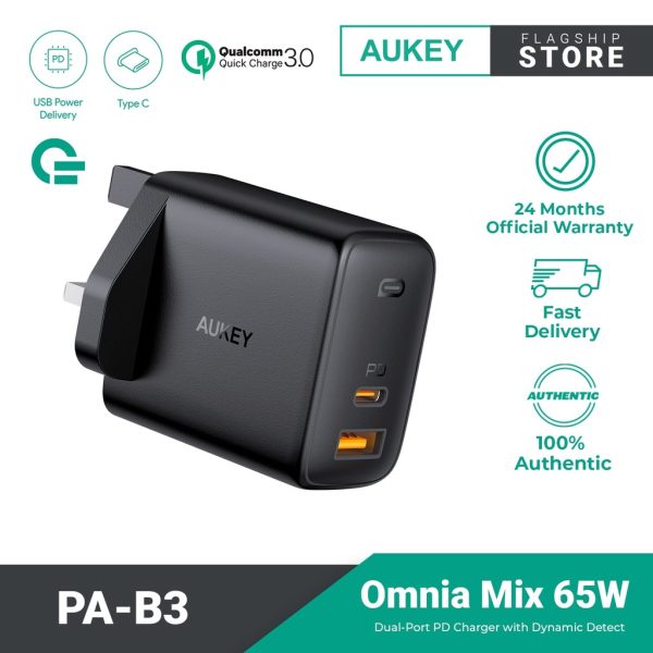 AUKEY PA-B3 65W Dual-Port Power Deliver Charger with GaN Power Tech - Black