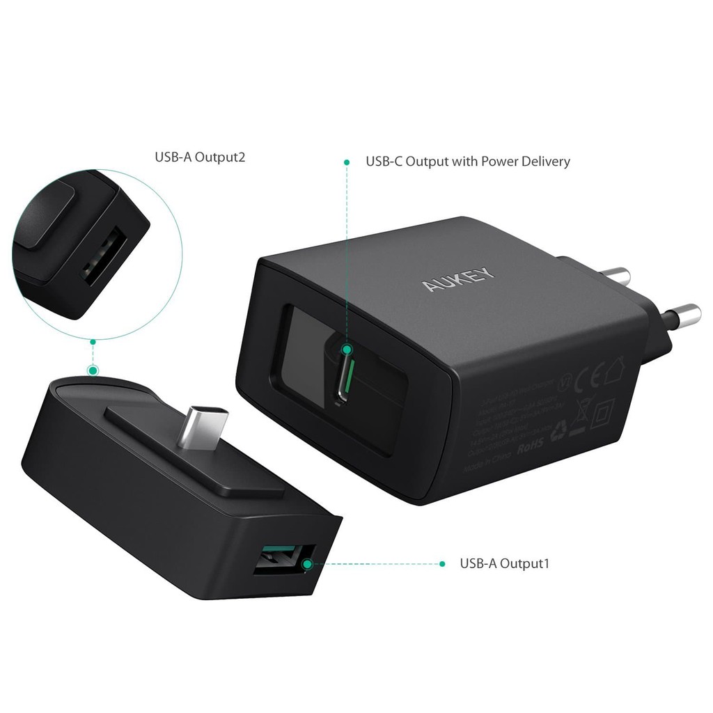 AUKEY PA-Y7 AMP Duo Power Delivery 3.0 USB C 1+2 Port Turbo Charger (29W) - Black - Image 2