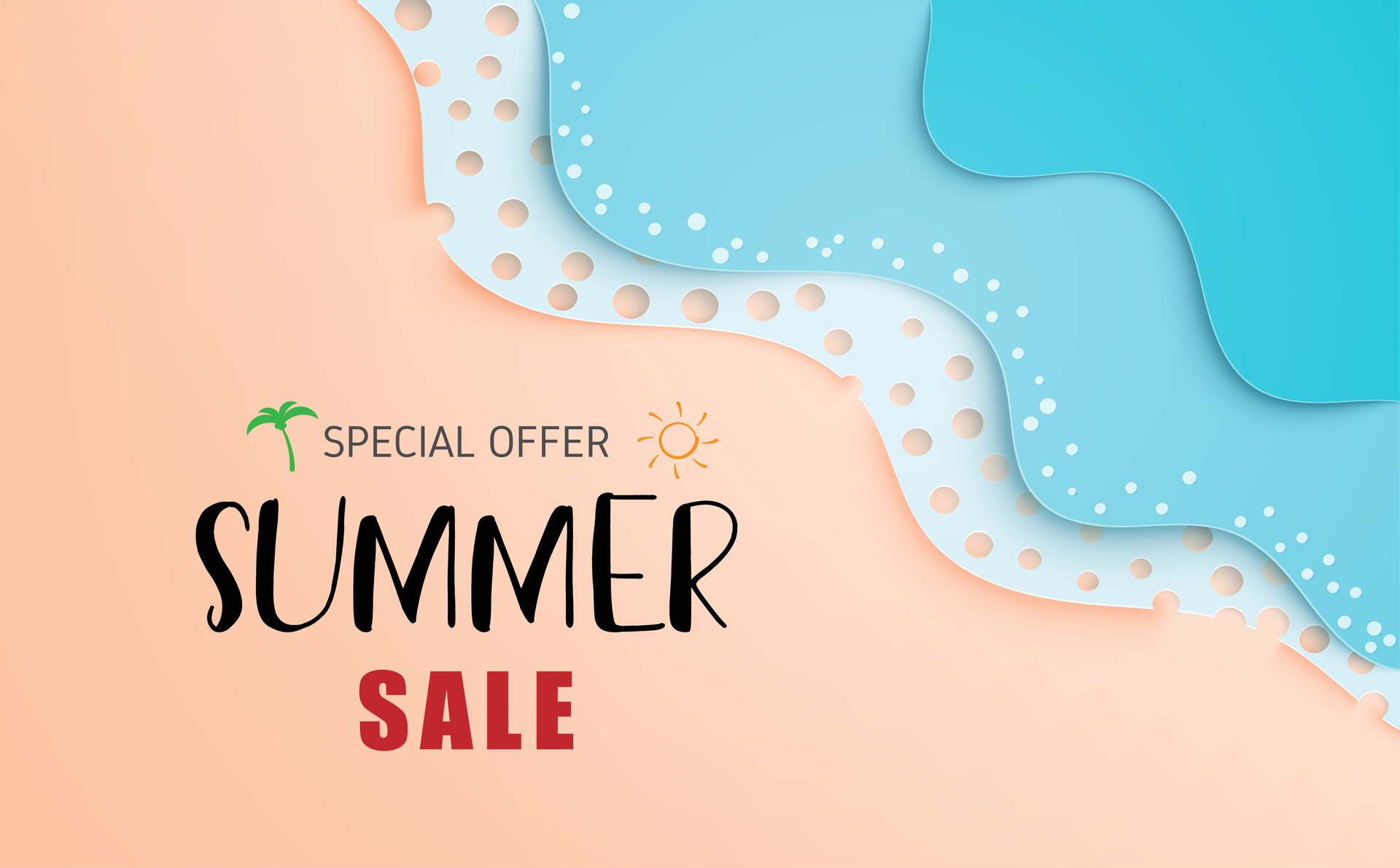 Summer sale banner or poster with sea wave and beach in paper cut style.