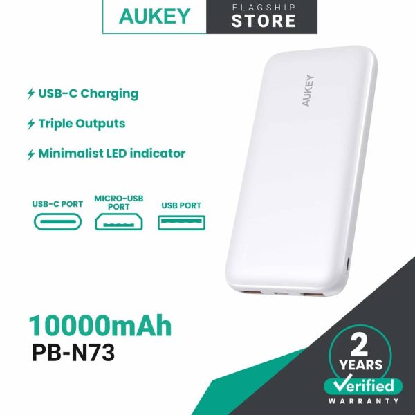 (NEW) AUKEY PB-N73 N Series 10000mAh USB C / Lightning Universal Powerbank for Android & iOS Apple Device - White